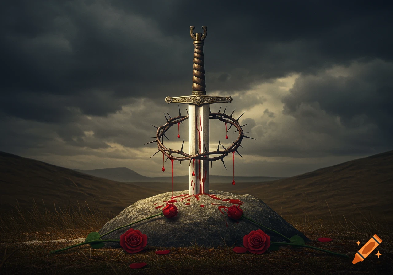 A sword plunged into a rock, encircled by a bloody crown of thorns, with red roses at its base under a dark, cloudy sky.