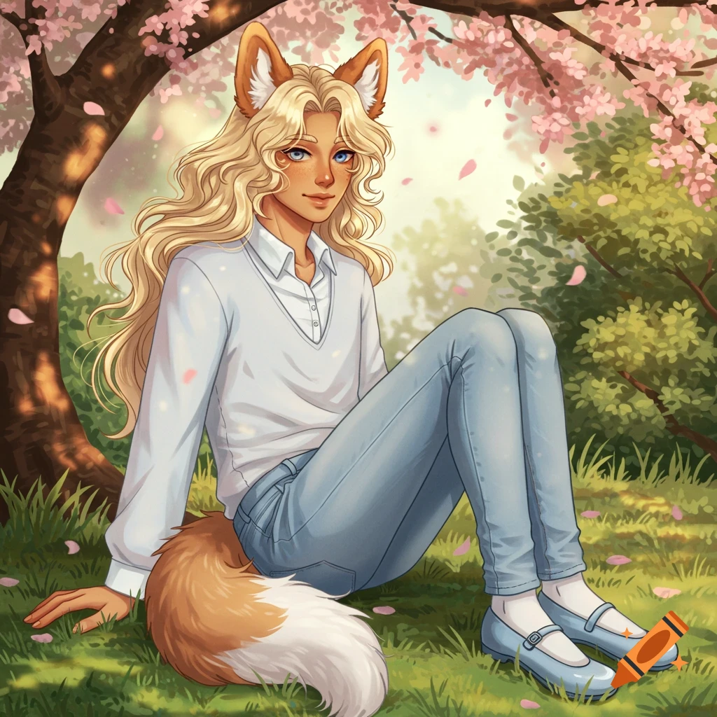 An anime-style character with blonde hair, fox ears, and a fluffy tail, wearing a white sweater and jeans, sitting under a cherry blossom tree in a park.