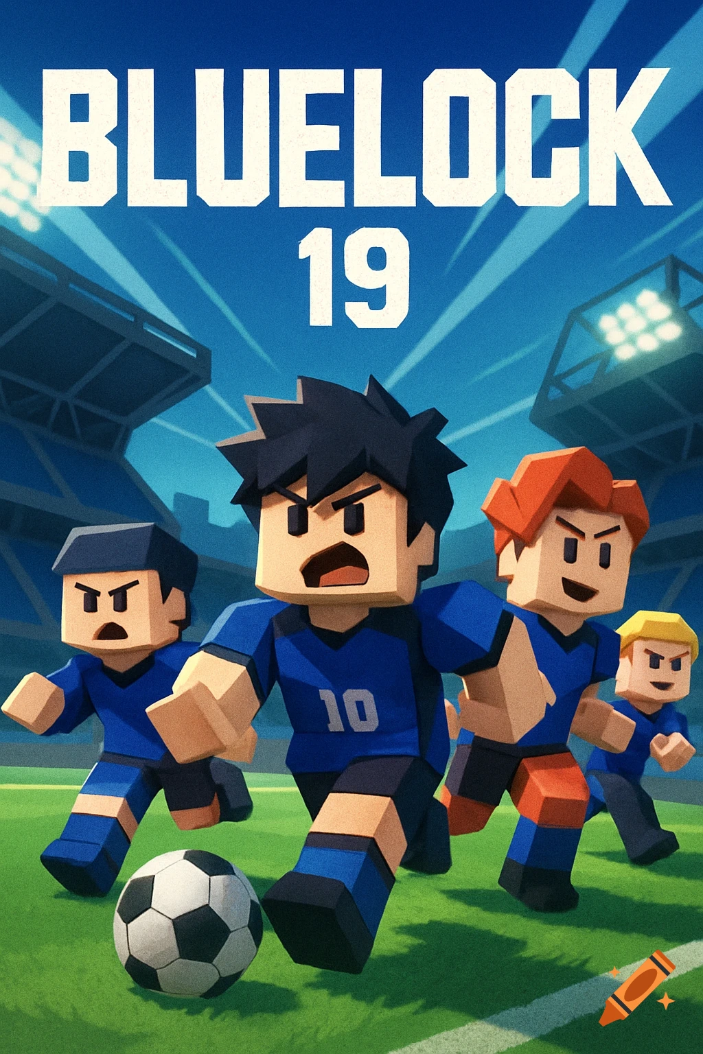 Stylized blocky soccer players in blue uniforms on a field with 'BLUELOCK 19' above, in Roblox style.
