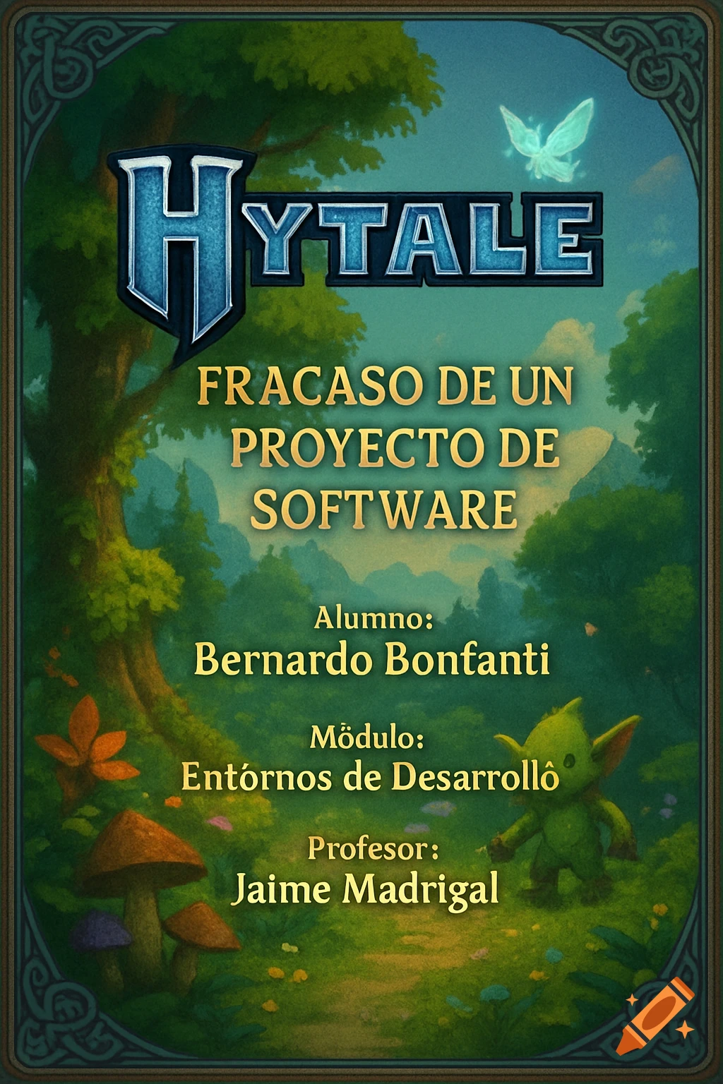 A vibrant fantasy-style book cover for "Hytale" titled "Fracaso de un Proyecto de Software," featuring a lush forest, glowing butterfly, mushrooms, and a small green goblin-like creature.