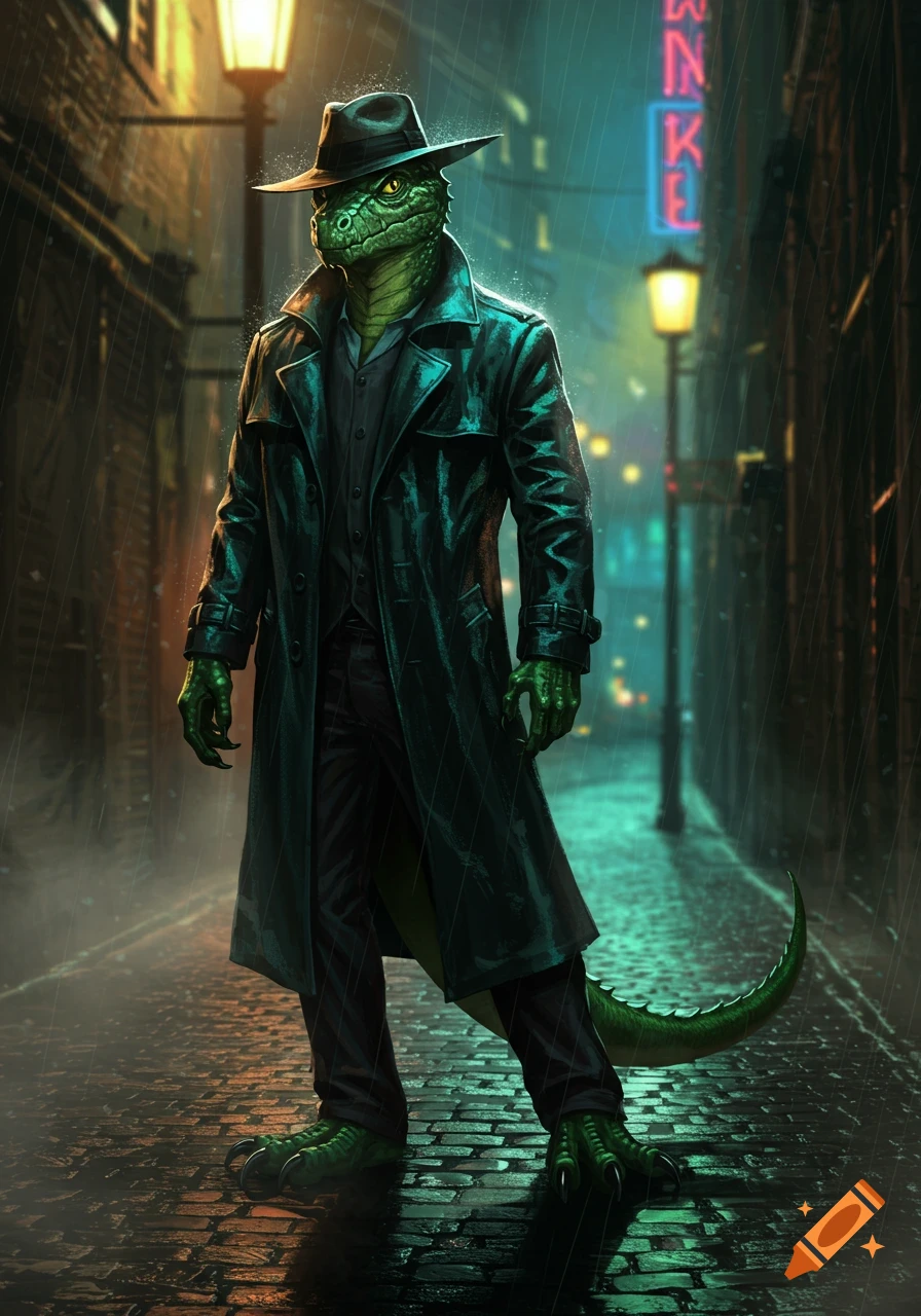 A lizardfolk wearing a fedora and trench coat stands in a dark, rainy alley illuminated by streetlights and neon signs, in a noir style.