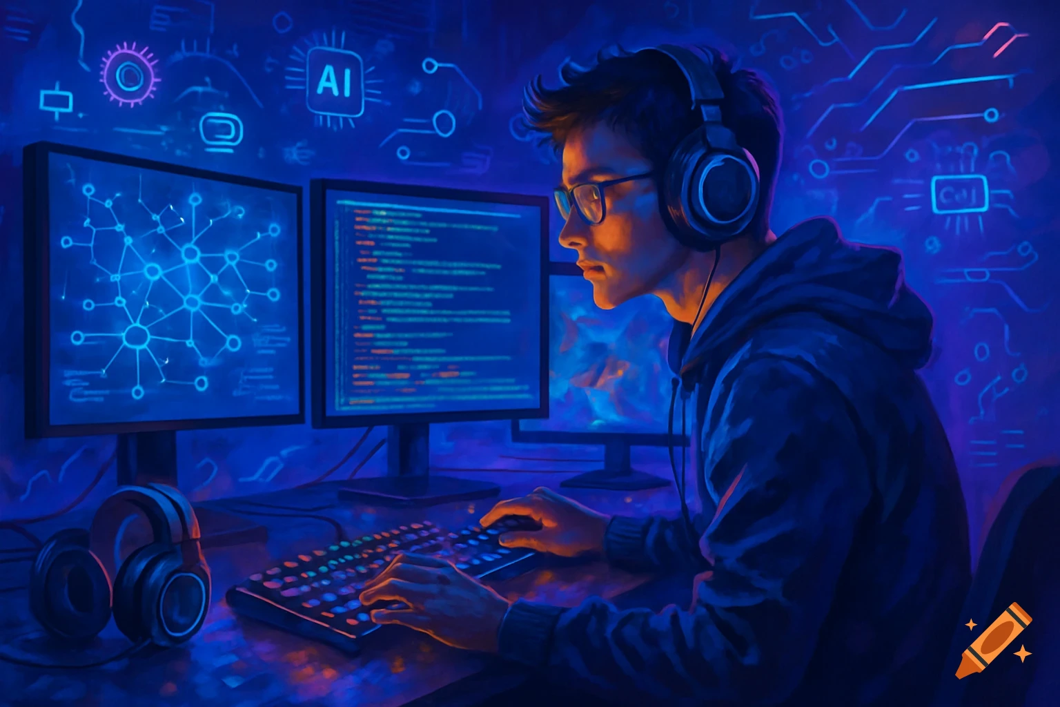 A young man with glasses and headphones programs at a multi-screen computer setup in a neon-lit, futuristic room with circuit board patterns on the walls.