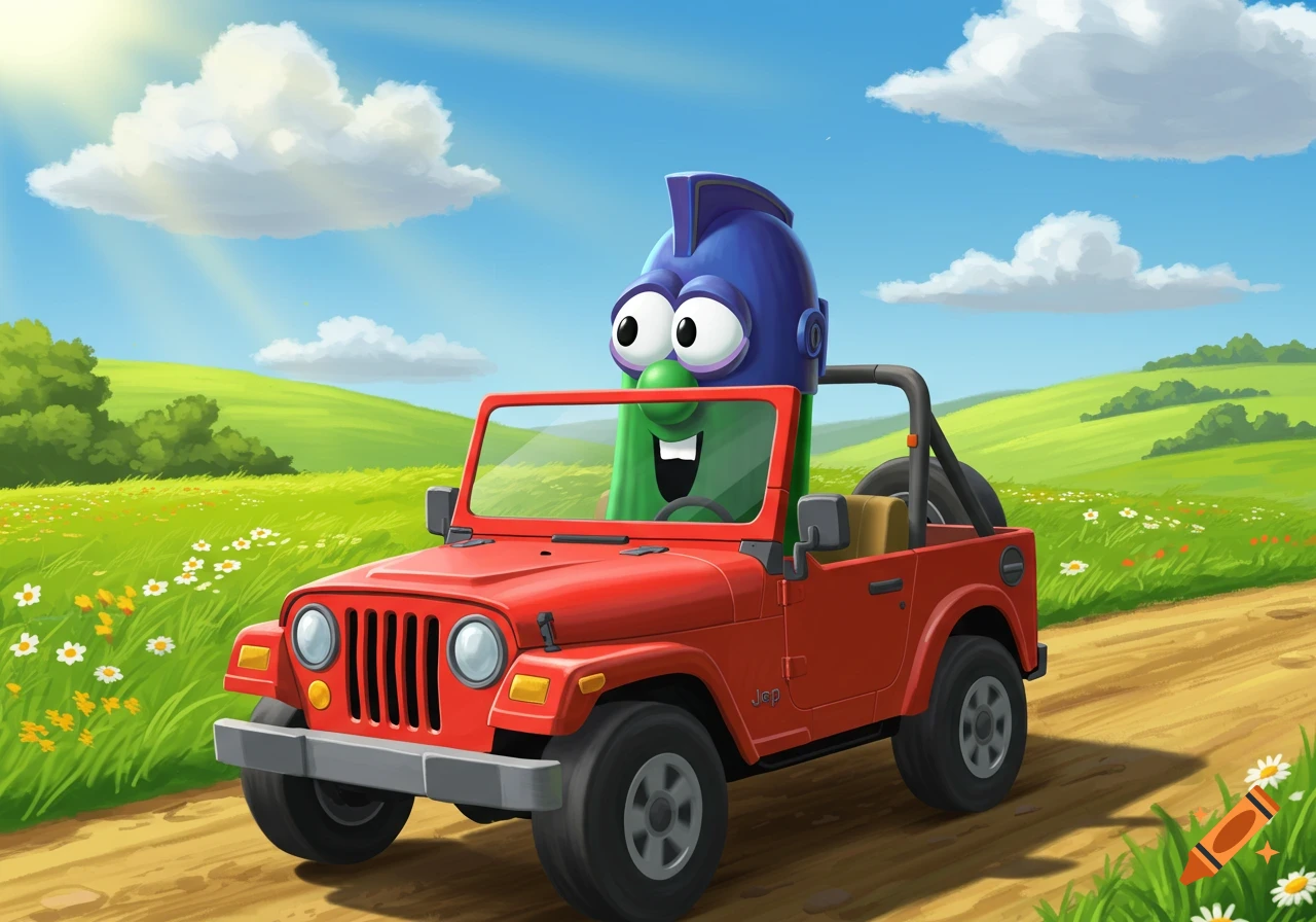 Larry the Cucumber in a blue helmet drives a red Jeep on a dirt road through green hills under a blue sky.