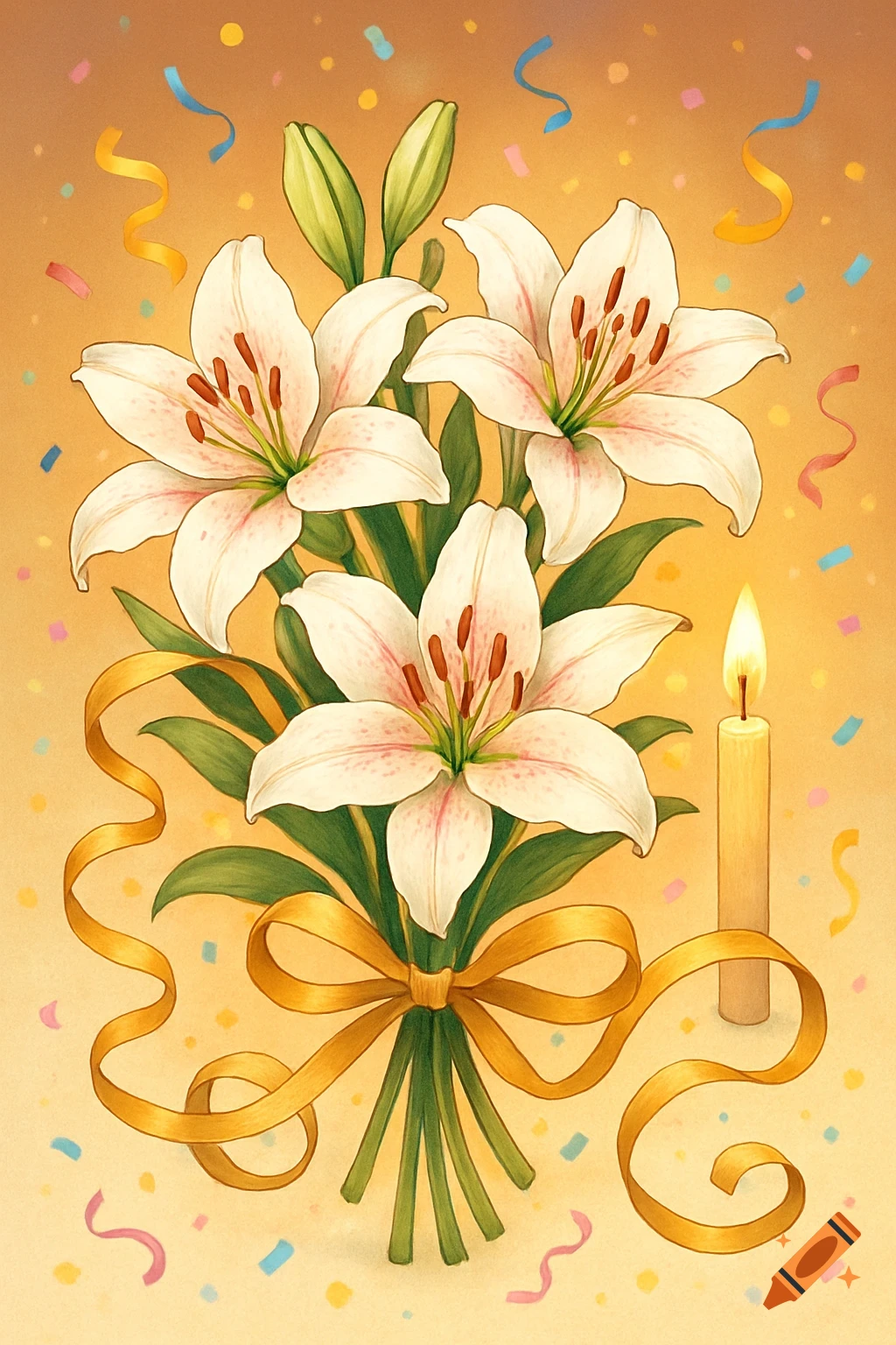Illustrated bouquet of white lilies with green leaves, a golden ribbon, and a lit candle on a golden background with colorful confetti.