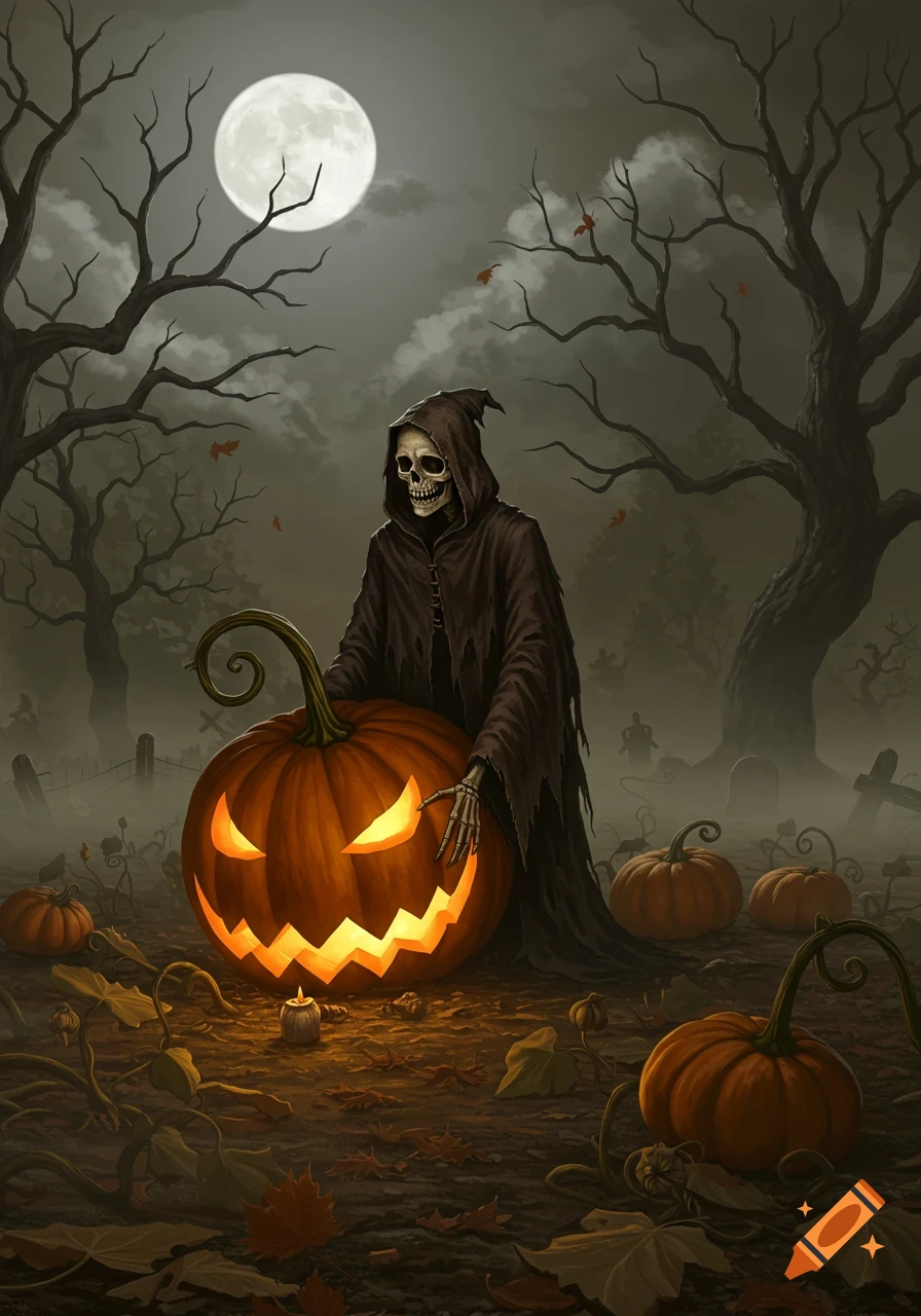 A cloaked skeleton stands in a foggy graveyard under a full moon, holding a glowing jack-o'-lantern. Dark trees and small pumpkins surround it.
