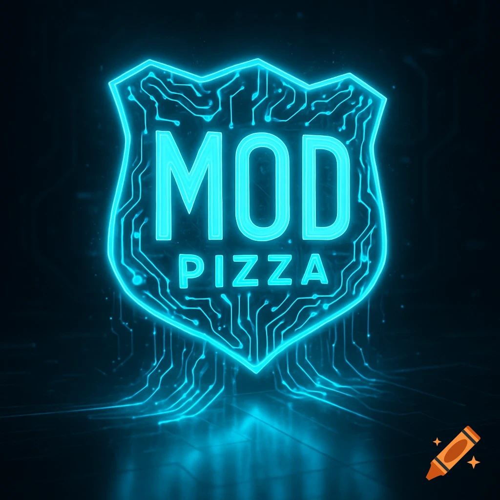 Neon blue glowing shield logo with circuit patterns, displaying 'MOD PIZZA', in a futuristic, Tron-inspired style.