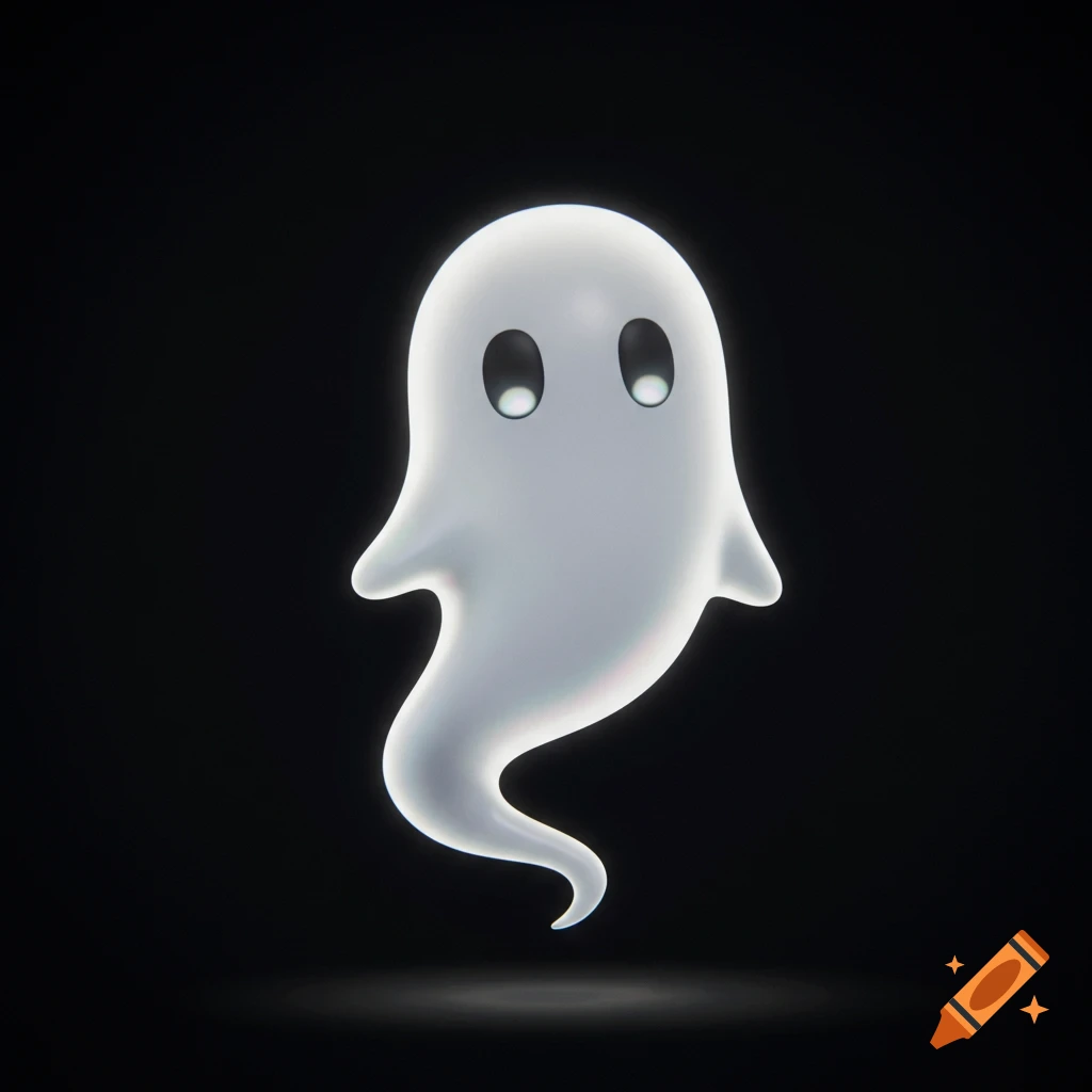 A minimalist white ghost character with black oval eyes floats on a dark background, glowing softly.