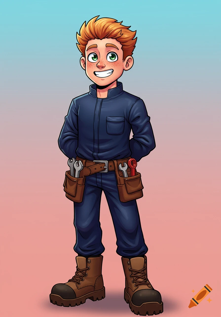 Smiling cartoon man with orange-blonde hair, freckles, in blue jumpsuit with tools and work boots against a blue and pink gradient.
