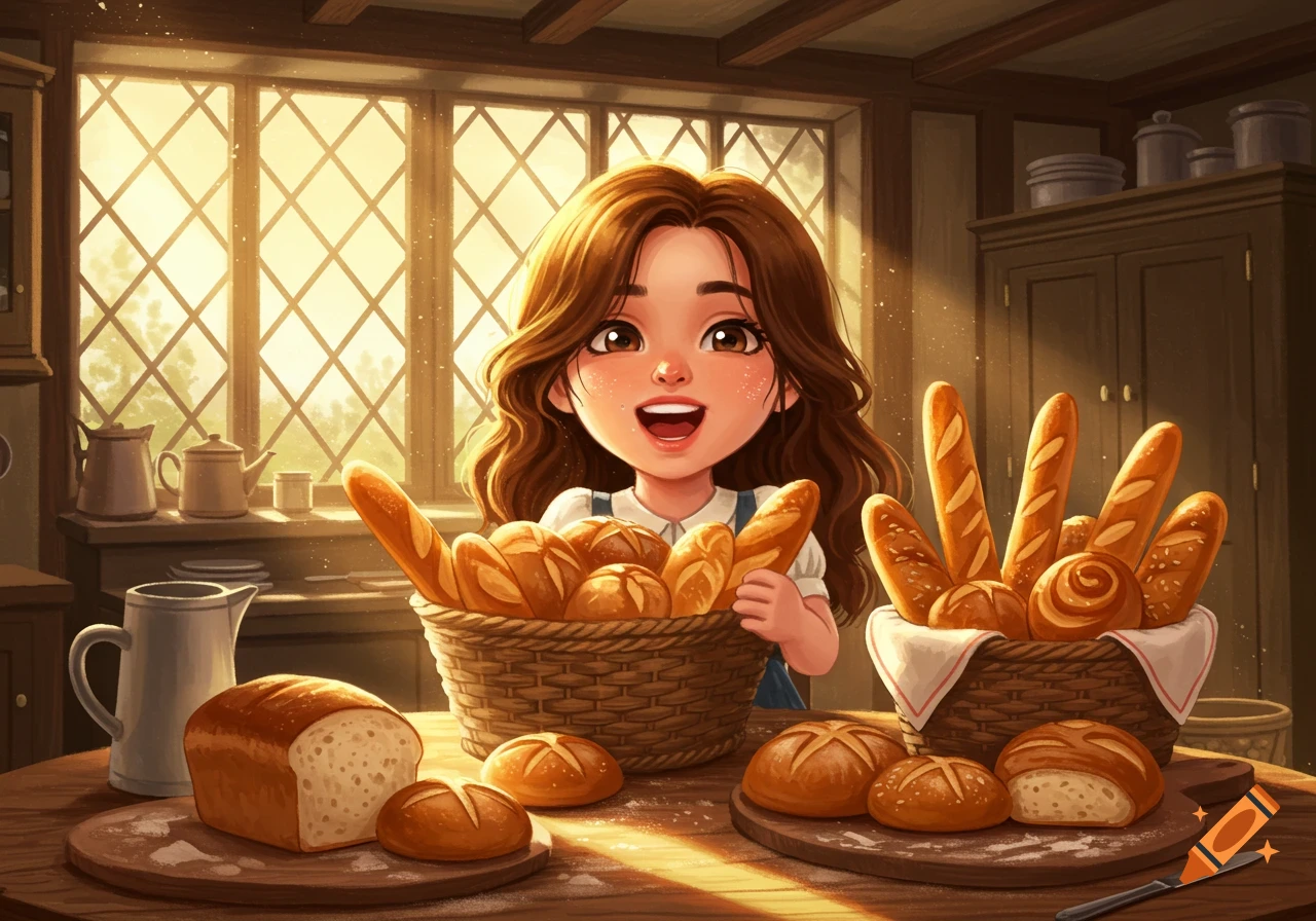 Happy cartoon girl surrounded by various types of fresh bread in a warm, sunlit kitchen.