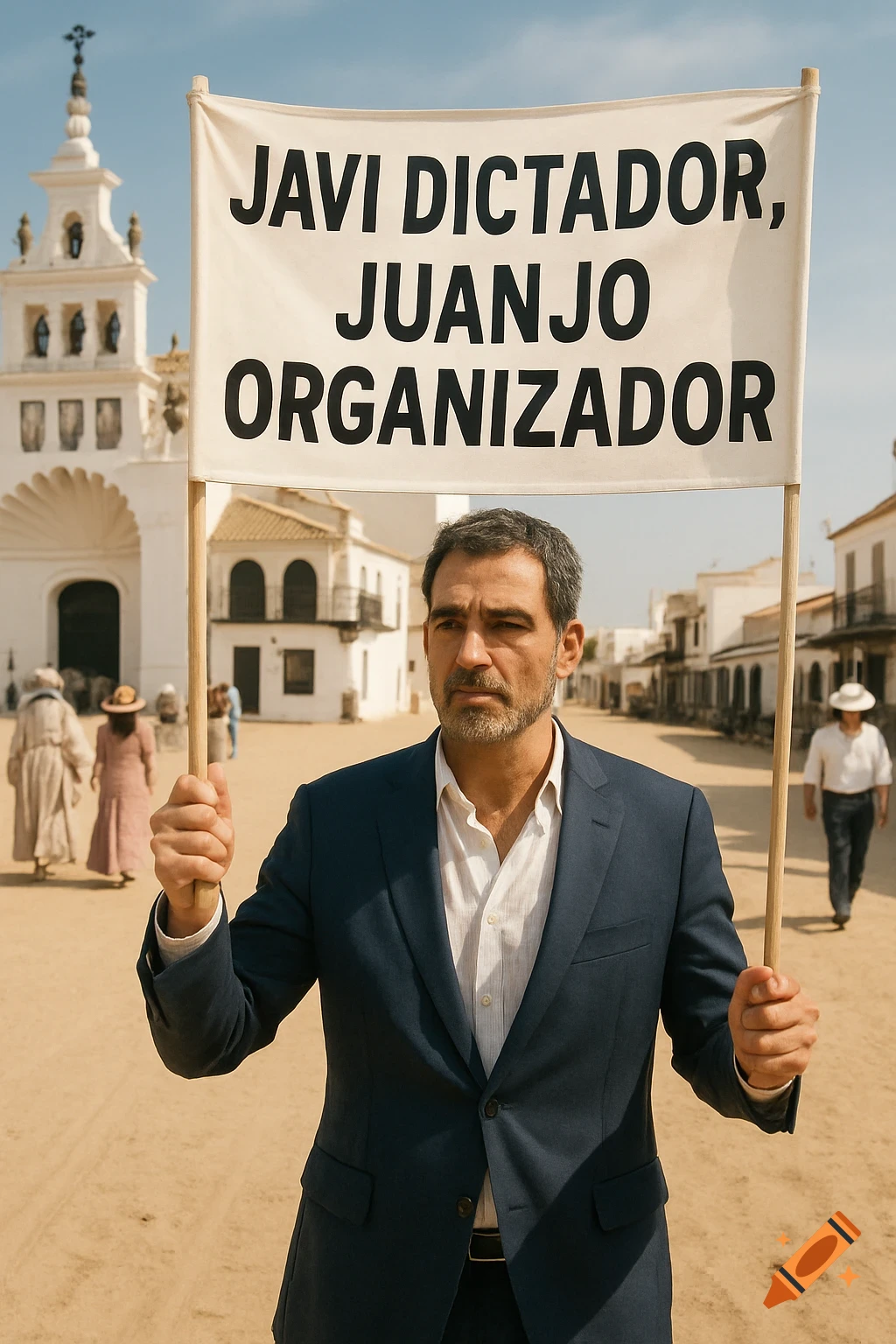 A man in a navy suit holds a banner that reads 'Javi Dictator, Juanjo Organizer' in a sandy village street.