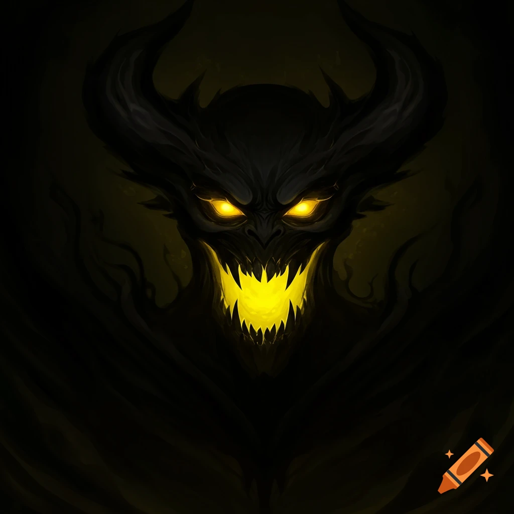 A dark demon's head with large horns, glowing yellow eyes, and a wide, sharp-toothed, glowing yellow mouth, against a dark background.