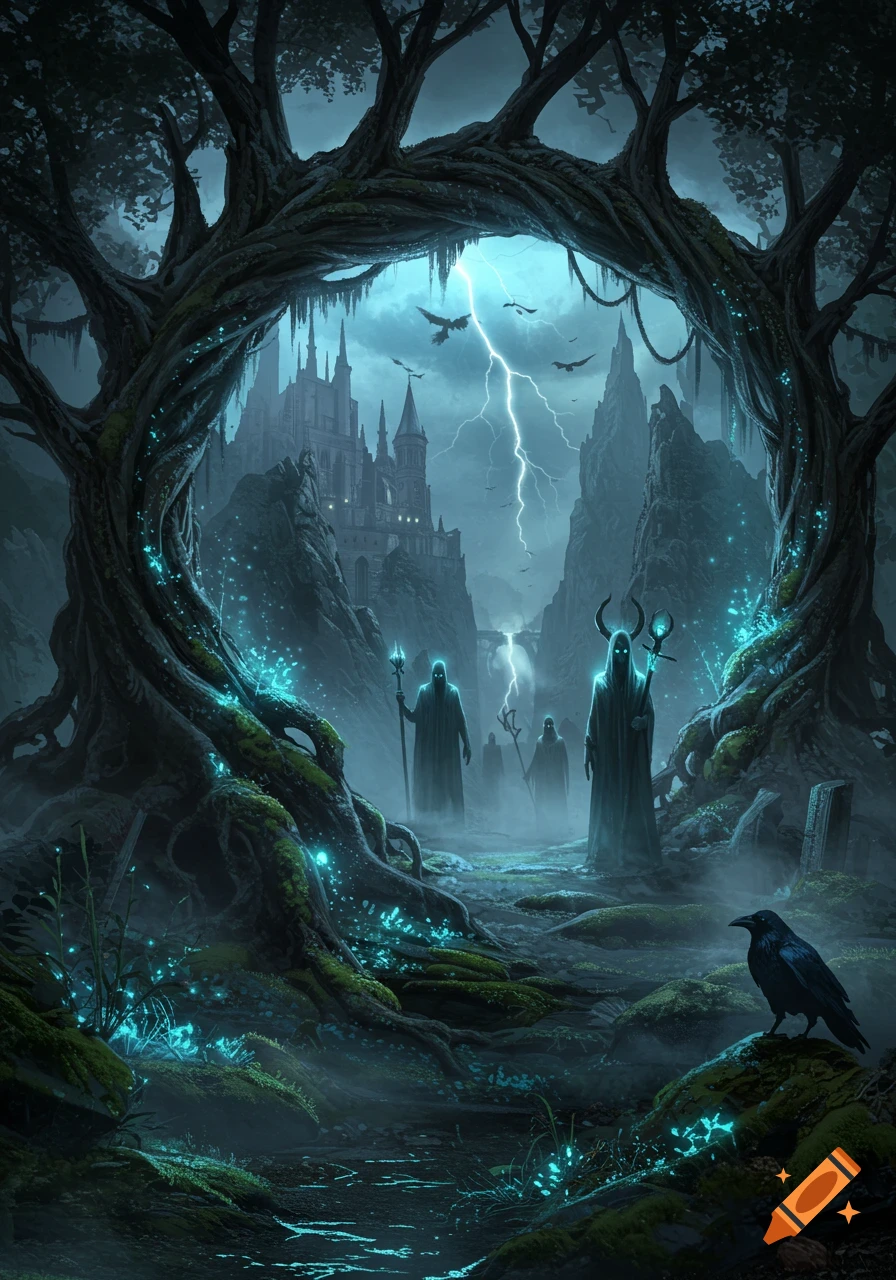 A dark fantasy scene: robed figures stand before a castle with lightning and glowing blue flora, framed by a gnarled tree.