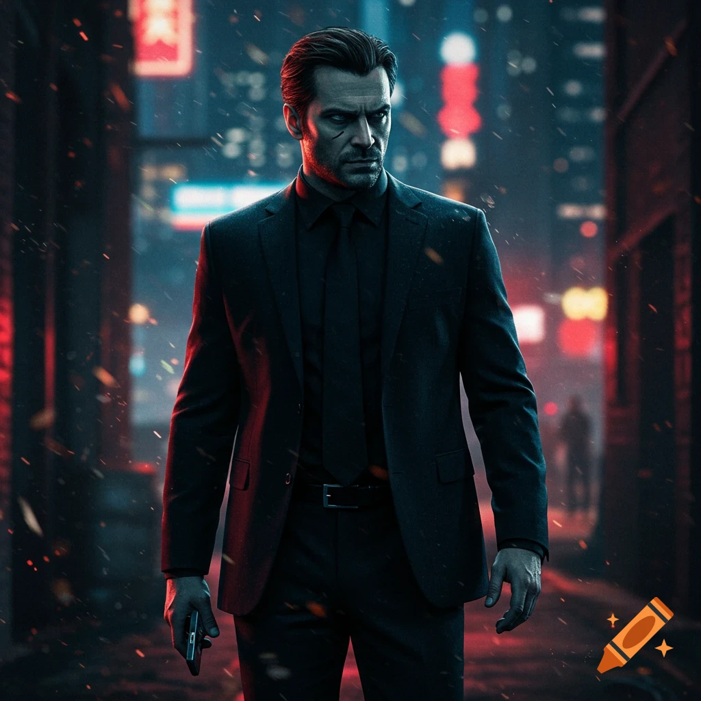 A determined man in a black suit holds a small object in a dark, neon-lit city alley, photorealistic style.