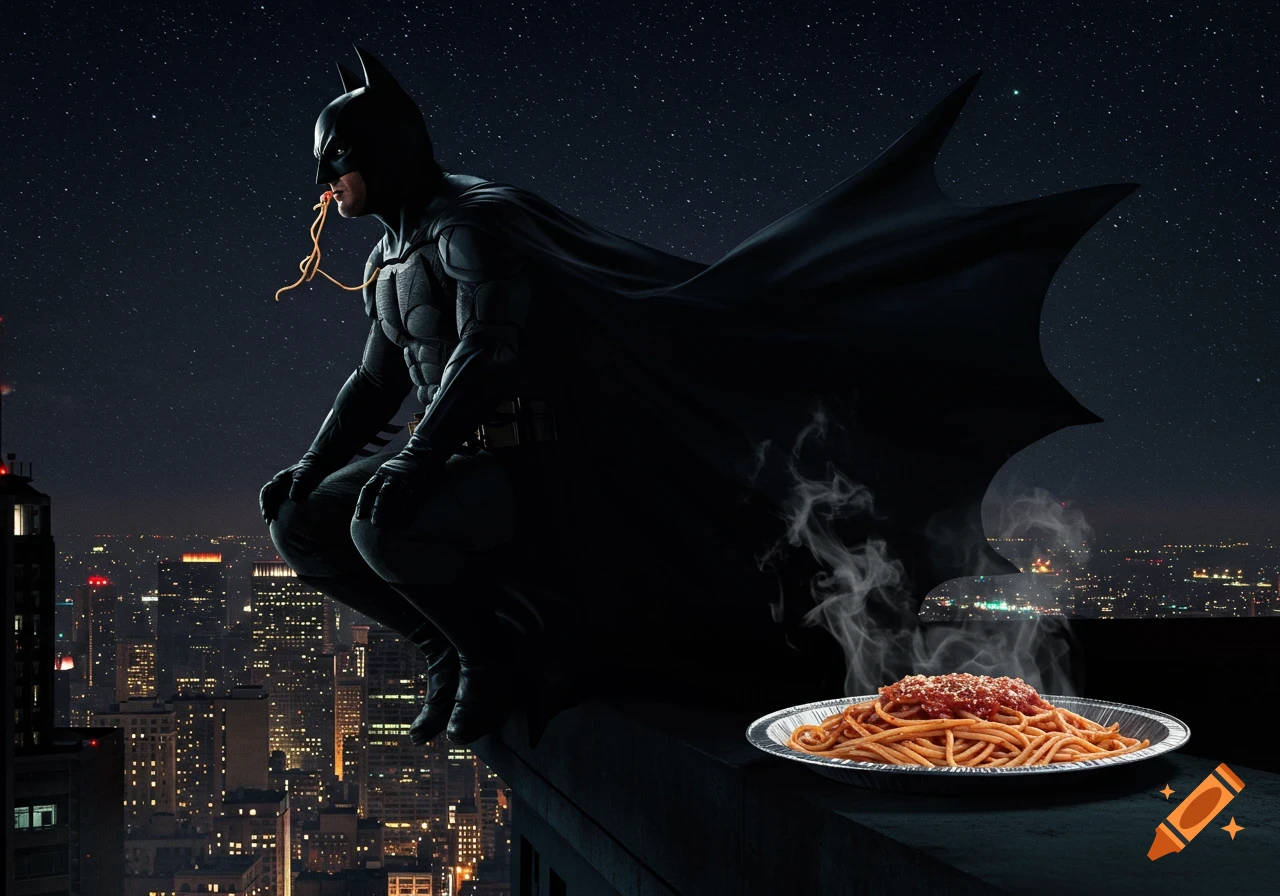 Photorealistic image of Batman crouching on a skyscraper eating a plate of steaming spaghetti, overlooking a city at night.