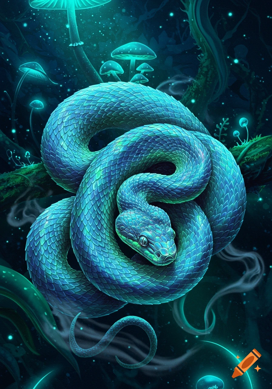 A vibrant blue-green snake coiled in a mystical forest with glowing teal mushrooms and ethereal light, digital art.