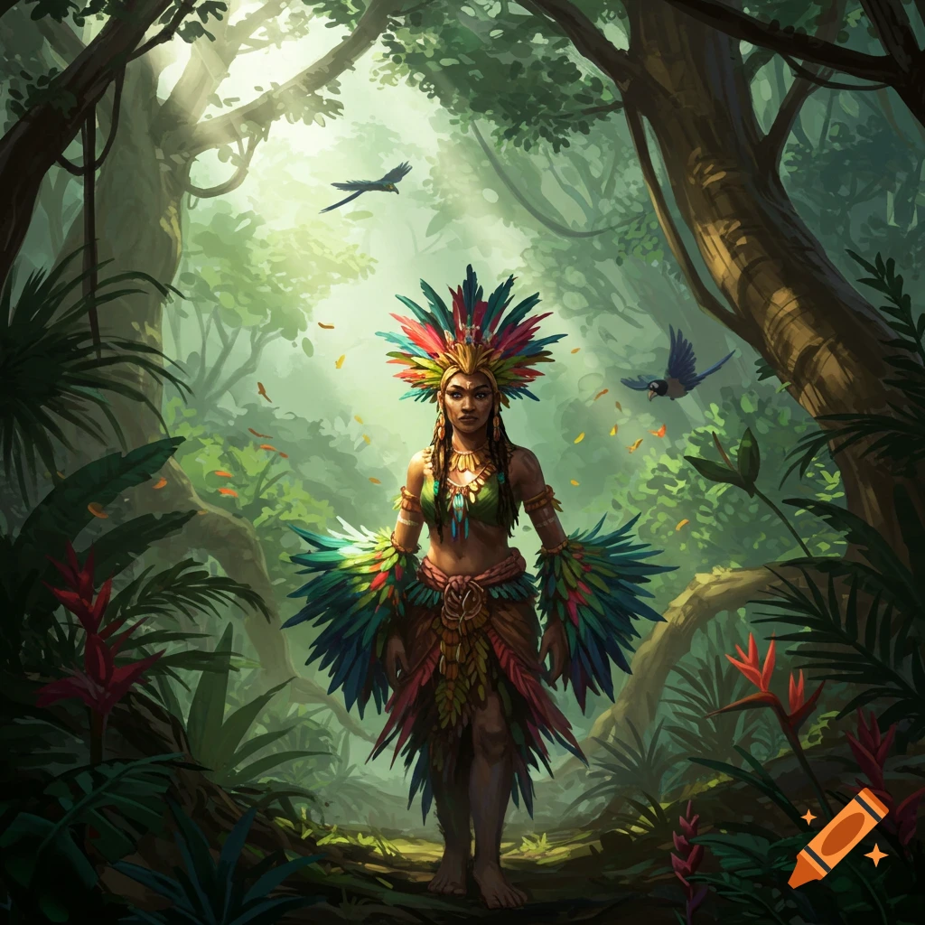 A woman in a vibrant feathered headdress and costume stands in a sunlit, lush jungle with birds flying overhead, digital art.