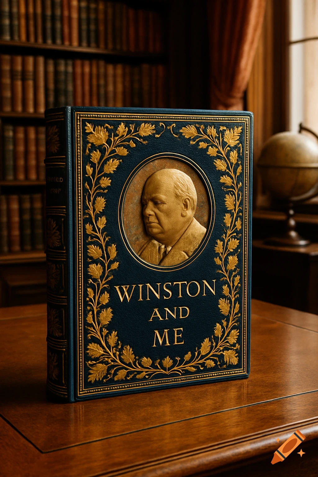 A dark blue ornate book with gold leaf details, featuring a bronze bust of Winston Churchill, titled 'Winston and Me', on a wooden desk in a library.