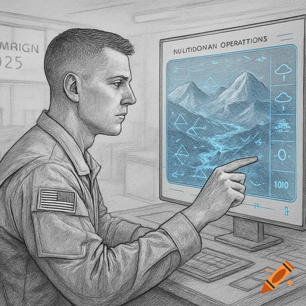 A clean-shaven soldier in a sketch style interacts with a computer screen displaying a map with mountains and data.