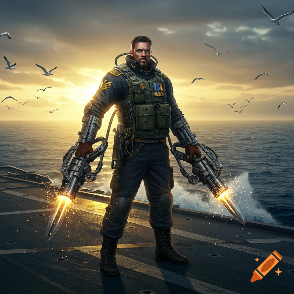 A man in tactical military gear with futuristic jackhammer-like weapons as arms stands on a ship deck at sunset, gulls flying overhead.