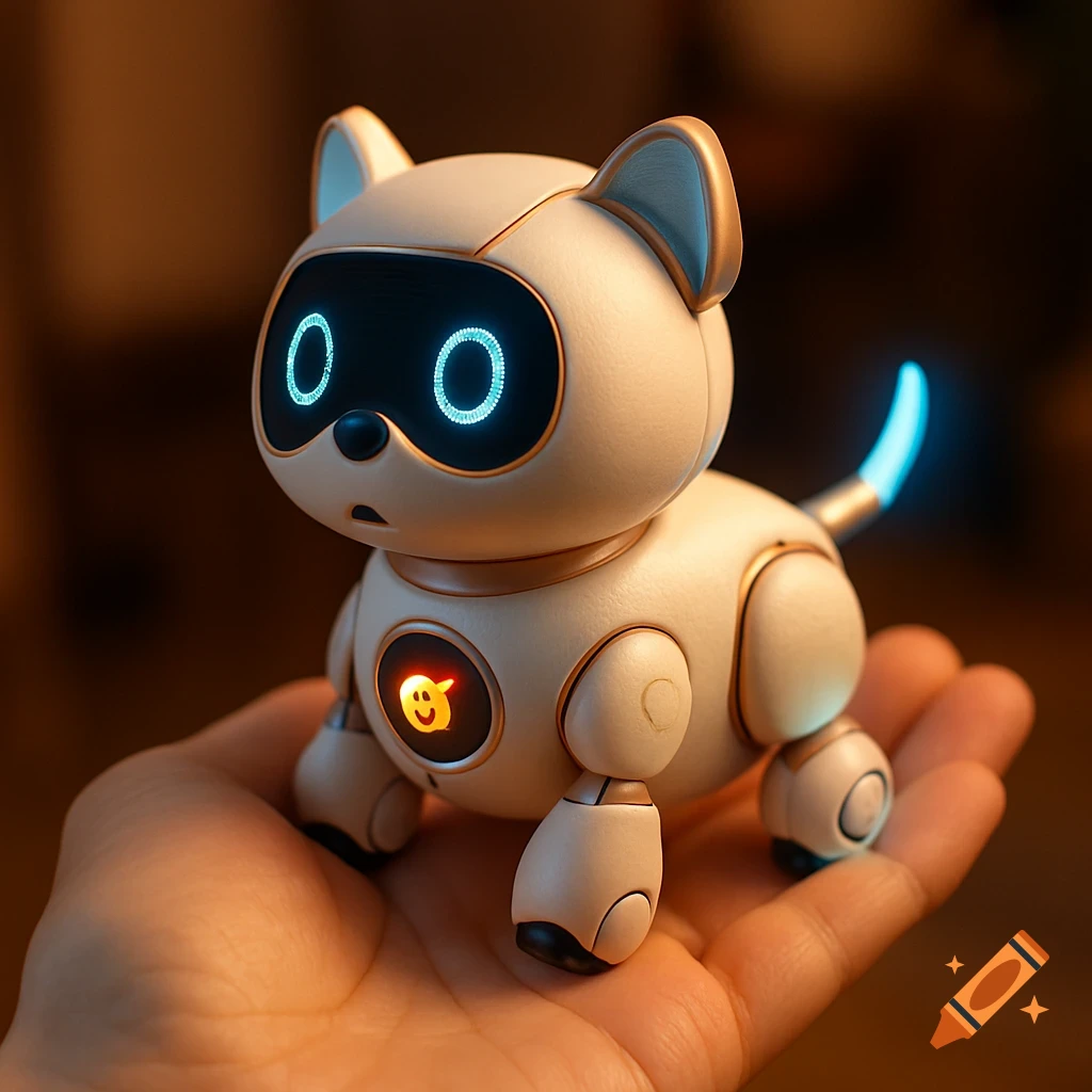 A small, futuristic white robot dog with glowing blue eyes and tail, and a yellow emoji on its chest, rests in a human palm.