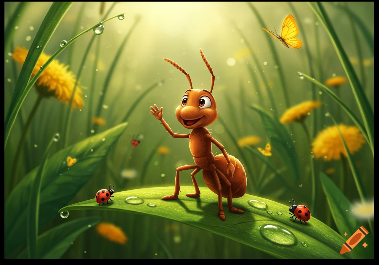 A friendly cartoon ant waves from a dewy green leaf, with ladybugs, butterflies, and dandelions in the background.
