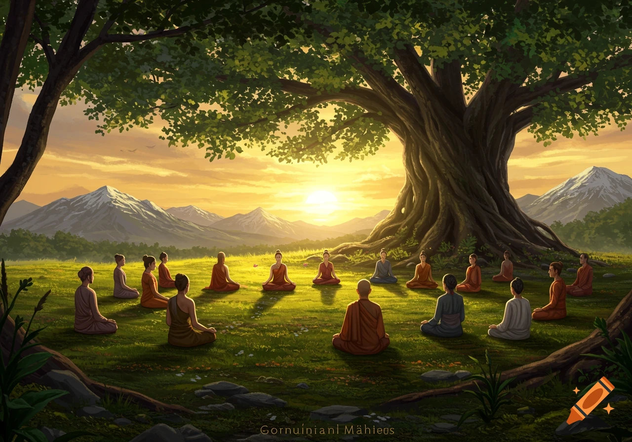 Monks meditate on green grass under a large tree, bathed in the golden light of a sunset over mountains.