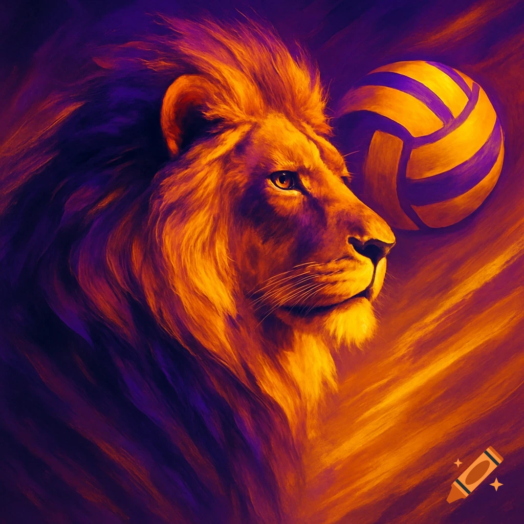 Artistic purple and yellow lion side profile looking at a striped volleyball, with a painterly background.