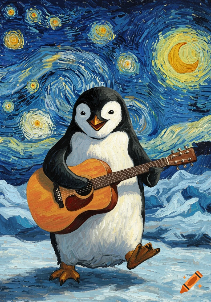 A cheerful penguin plays an acoustic guitar, rendered in the distinctive impasto brushstrokes of a Van Gogh painting, with a starry night sky.