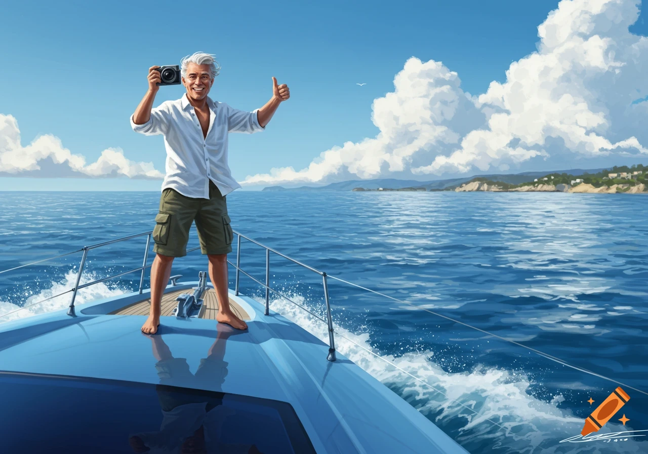 A smiling man with gray hair stands on a boat at sea, holding a camera and giving a thumbs-up.