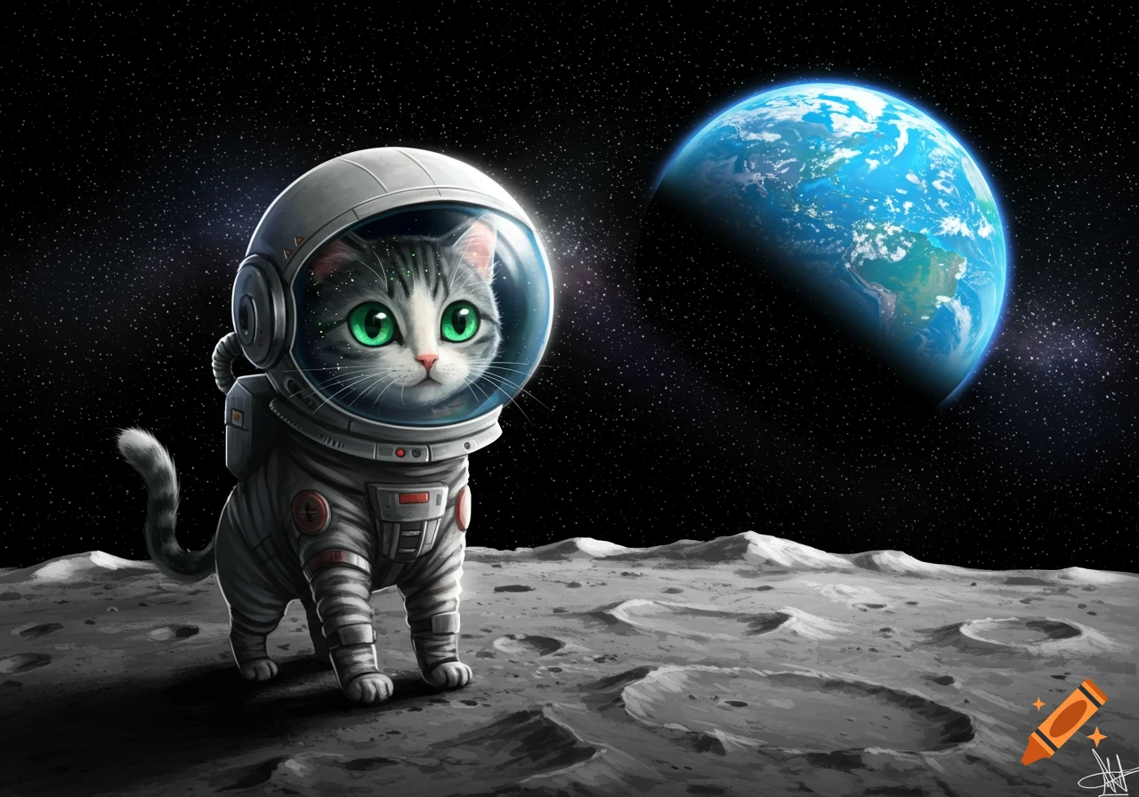 A cute tabby cat in an astronaut suit stands on the moon surface, looking towards the viewer, with Earth and stars in the background.