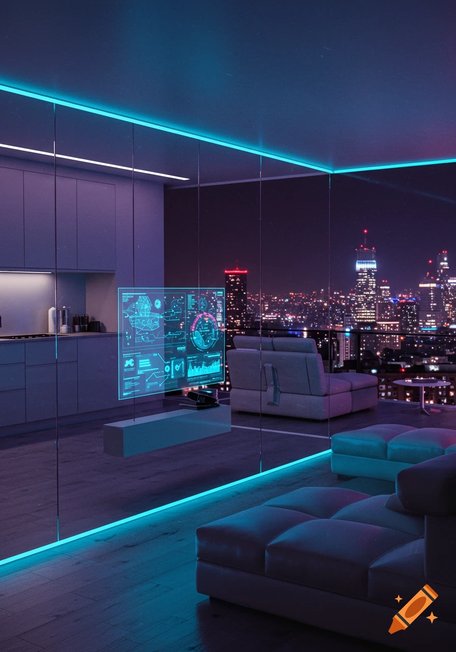 A modern, high-tech apartment interior at night with a holographic screen, blue neon lighting, and a city view.