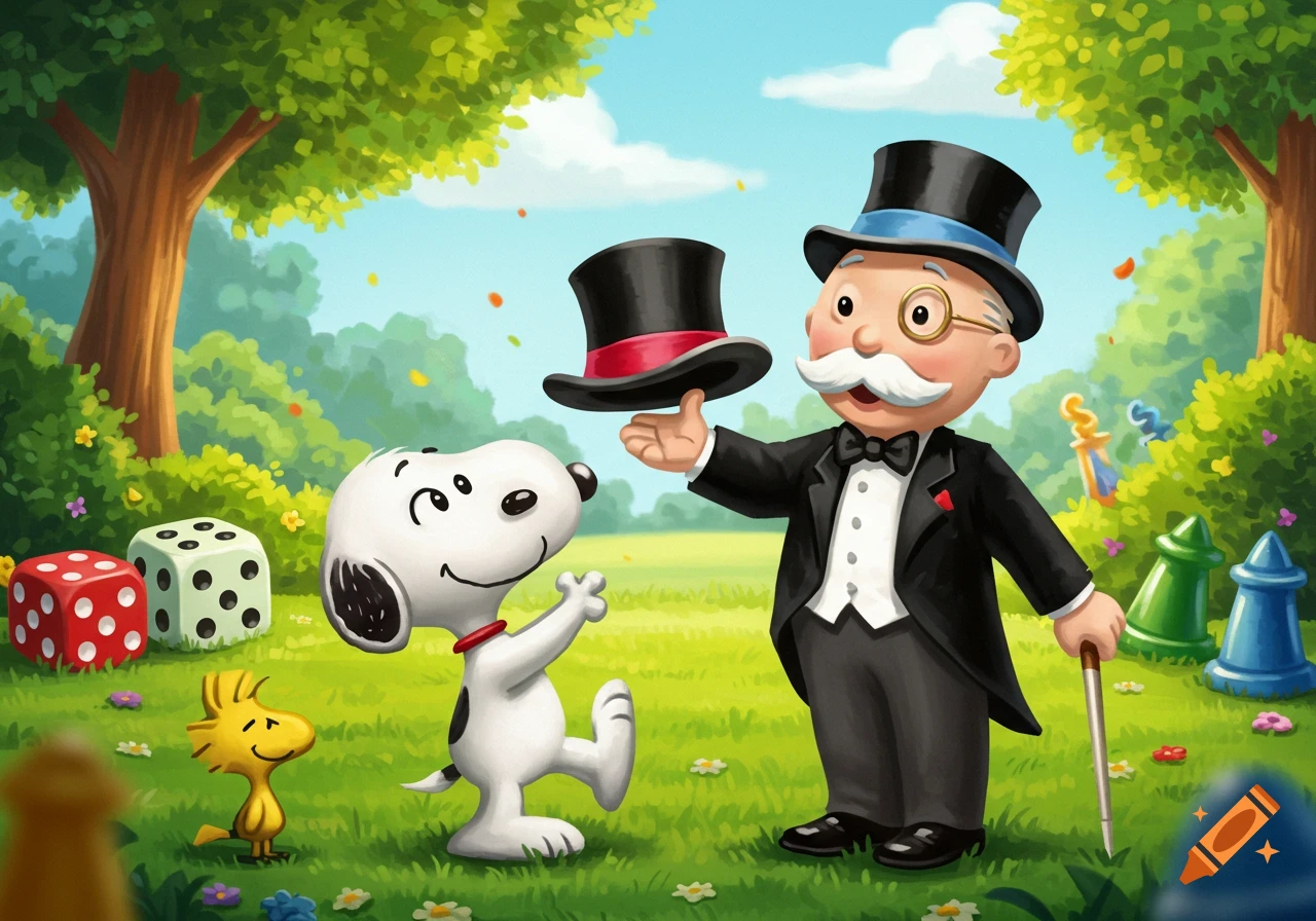 Cartoon of Snoopy, Woodstock, and Mr. Monopoly in a park, with giant dice and game pieces. Mr. Monopoly holds a top hat.