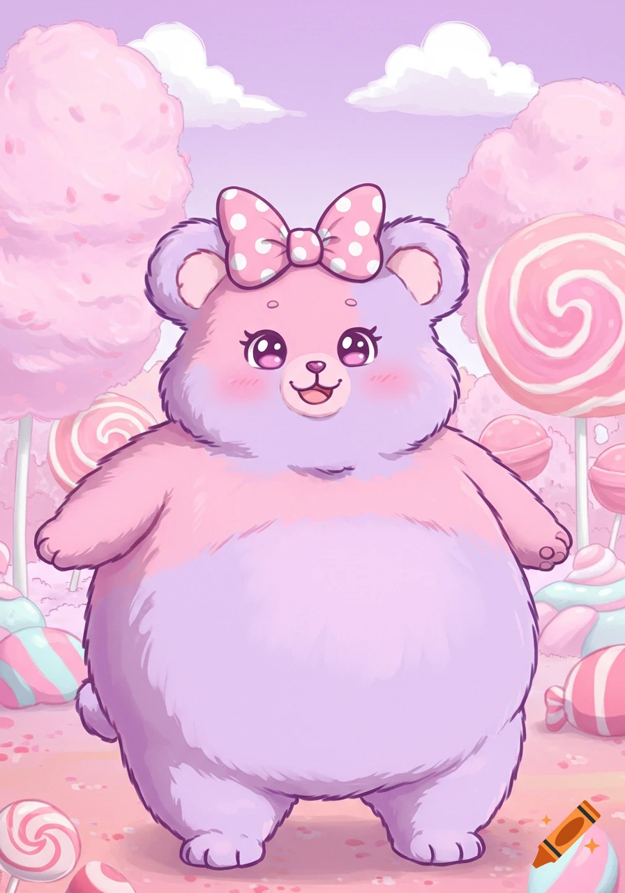 Cute fluffy pink and purple cartoon bear with a polka dot bow in a pastel candy land scene.
