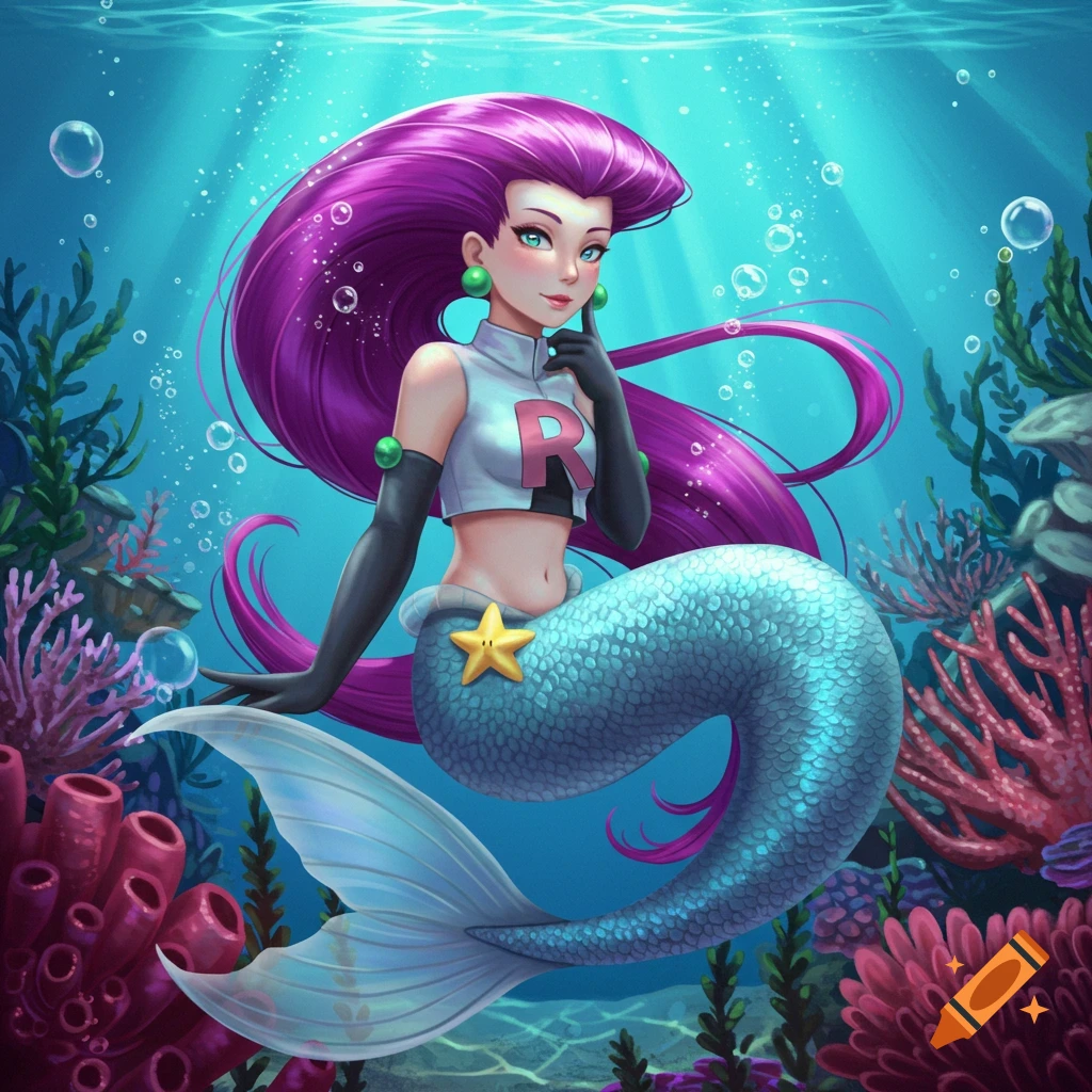 Anime illustration of Jessie from Pokemon as a mermaid, with purple hair and an aqua-blue tail, sitting underwater amidst coral.