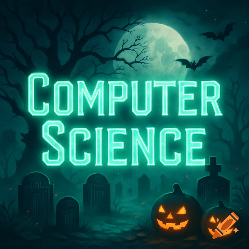 Neon 'COMPUTER SCIENCE' text over a spooky Halloween graveyard scene with glowing jack-o'-lanterns, bats, and a full moon.