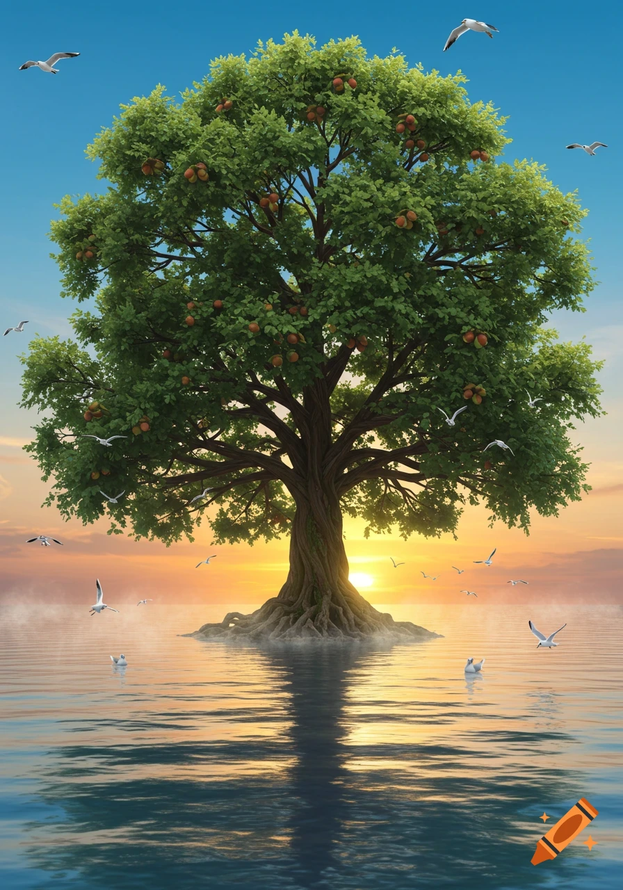 A large green tree with exposed roots stands in the calm sea at sunset, surrounded by flying and floating seagulls.
