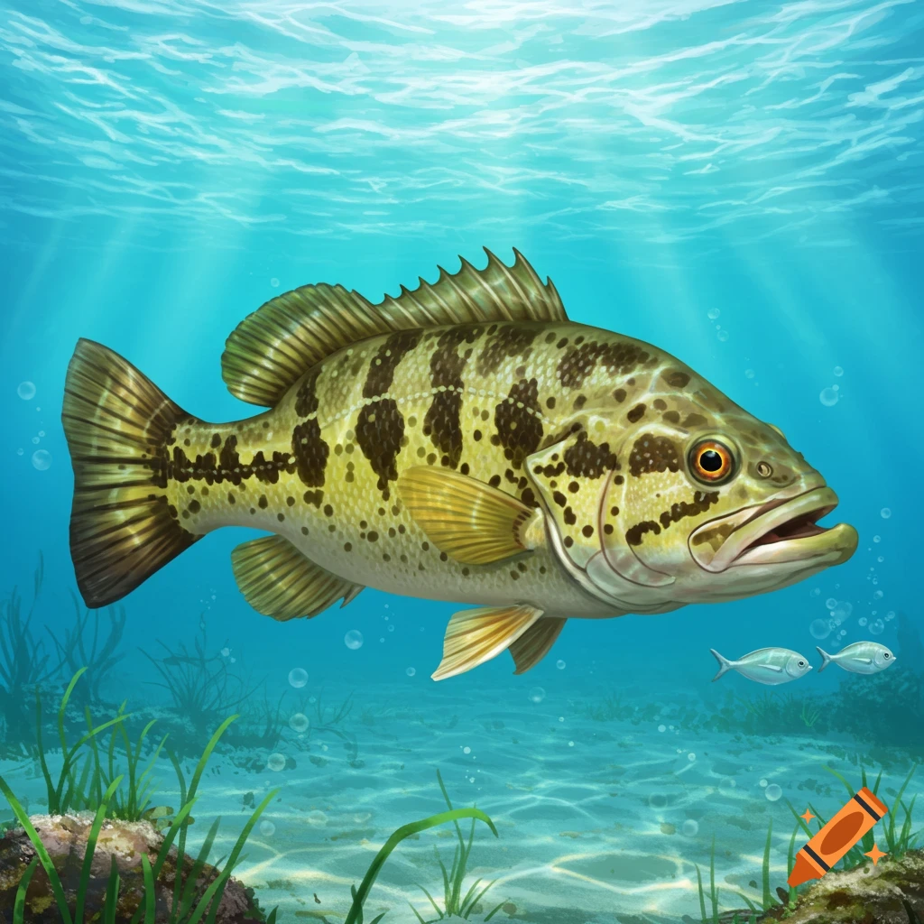An illustrated spotted bay bass swims in clear blue-green water with light rays, smaller fish, and underwater plants.