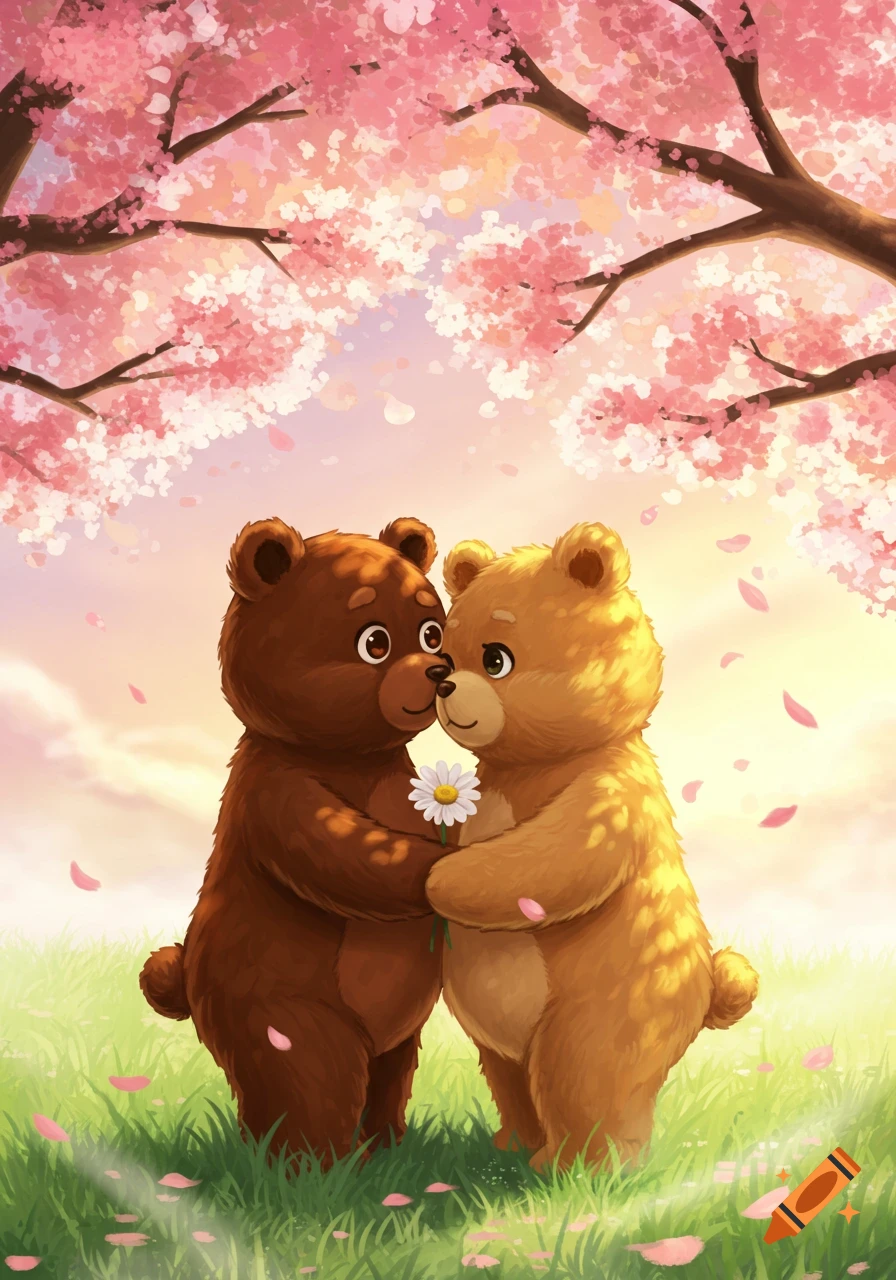 Two cute cartoon teddy bears holding a daisy, standing in a grassy field under blooming pink cherry blossom trees at sunset.