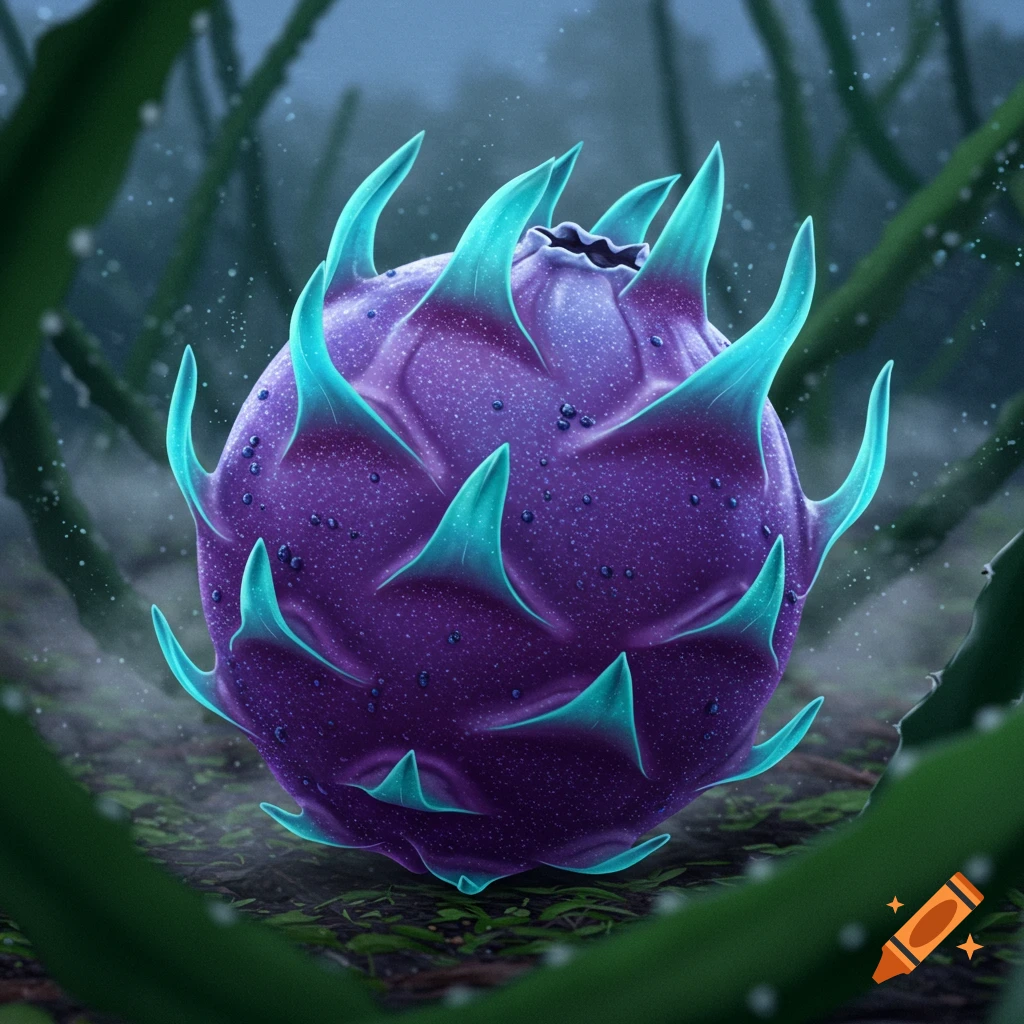 A vibrant purple fruit with glowing teal spikes on its rind, nestled in a misty jungle environment.