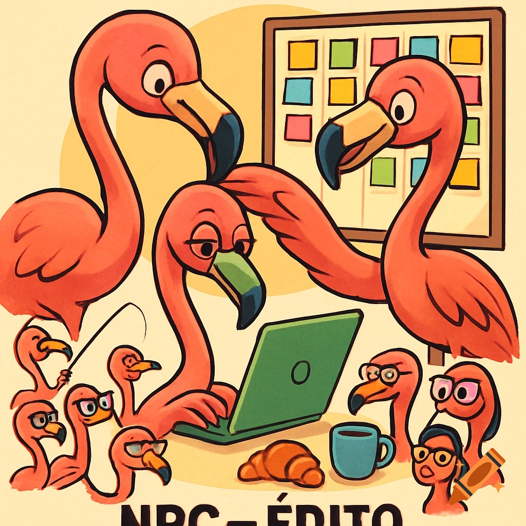 Cartoon flamingos in an agile work setup, with one using a laptop and others around a Kanban board, coffee, and a croissant.