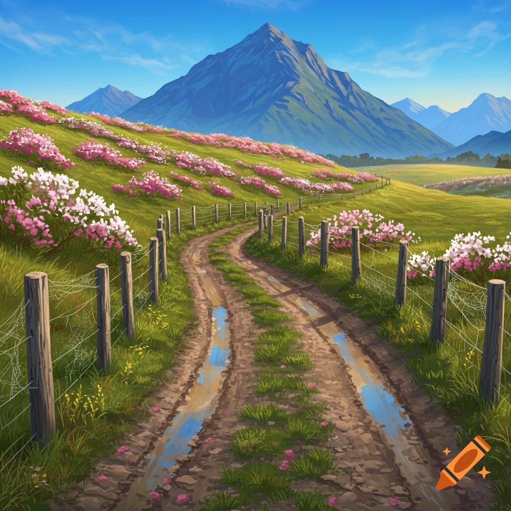A muddy country road winds through a field of green grass and pink and white flowers, leading to a large blue mountain under a clear sky.