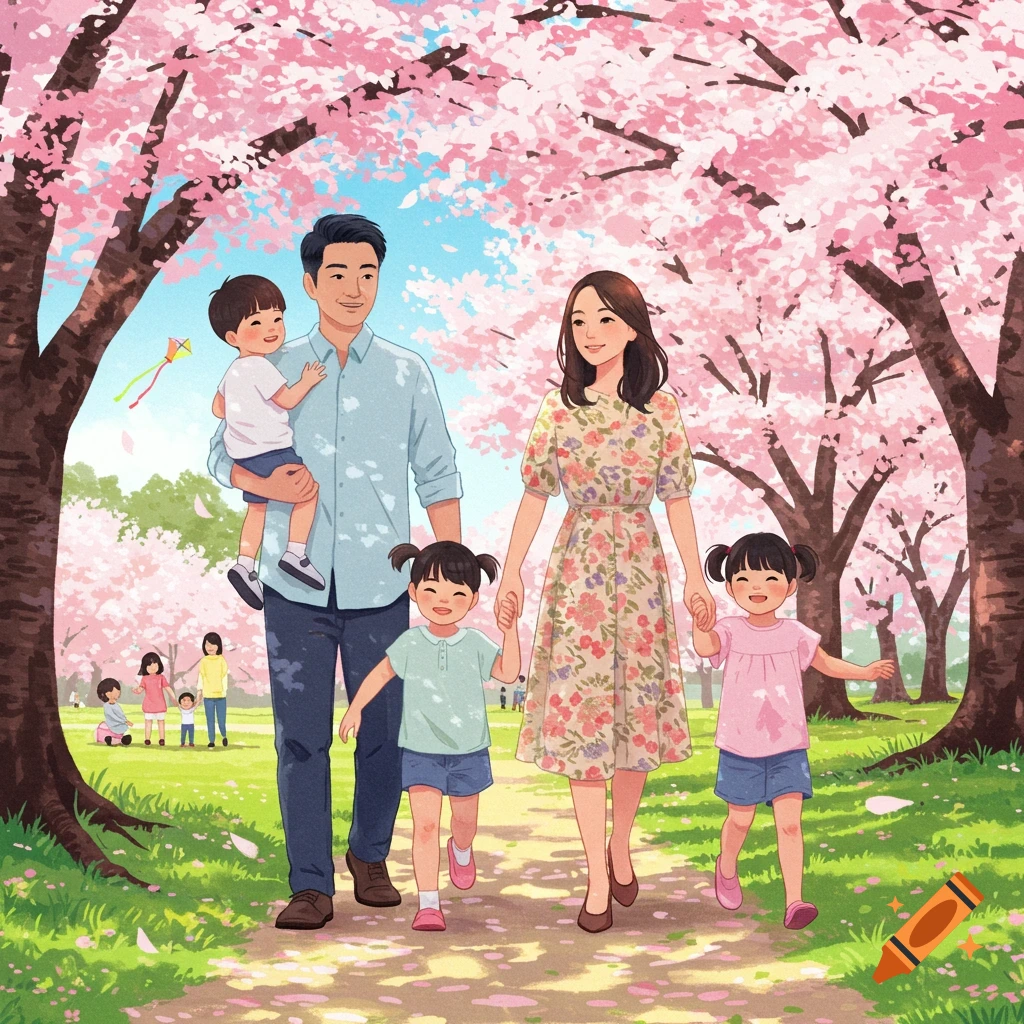 A family with three children walks hand-in-hand through a park filled with pink cherry blossom trees, stylized illustration.
