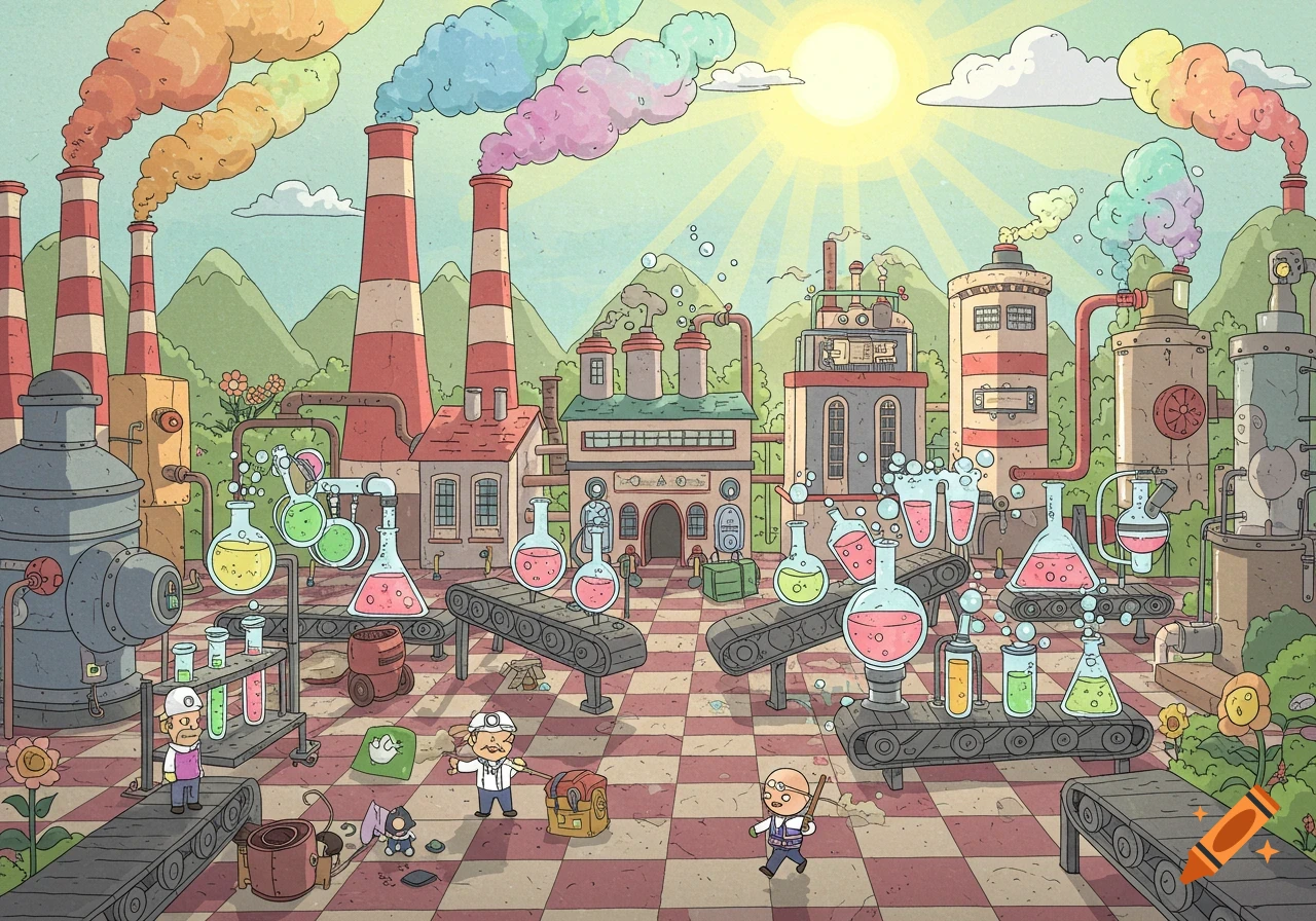A vibrant cartoon chemical factory scene with smoking chimneys, colorful flasks on conveyor belts, and small workers.