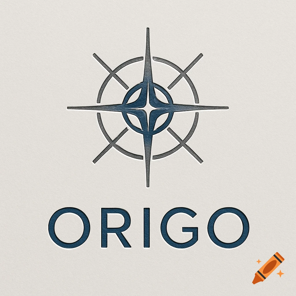 Professional logo with a dark blue compass-like symbol above the embossed text 'ORIGO' on a light textured background.