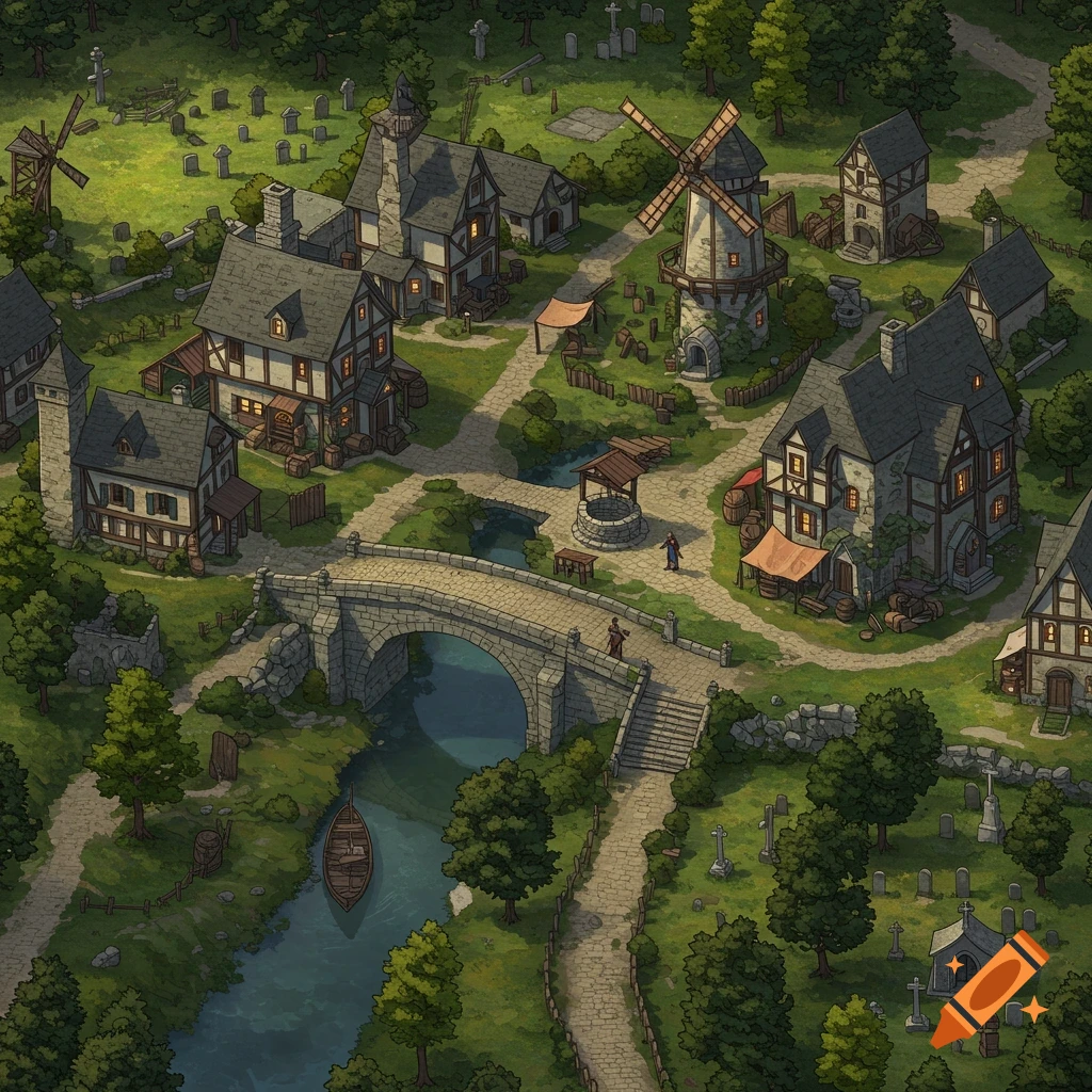 Isometric view of an idyllic medieval village with houses, windmills, a stone bridge over a river, and a graveyard.