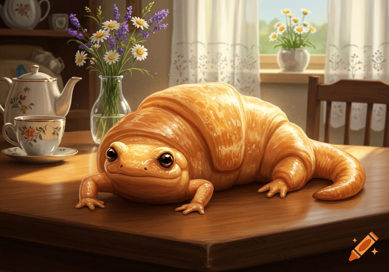 A whimsical croissant-bodied salamander sits on a wooden table next to a teacup and a vase of flowers in soft morning light.