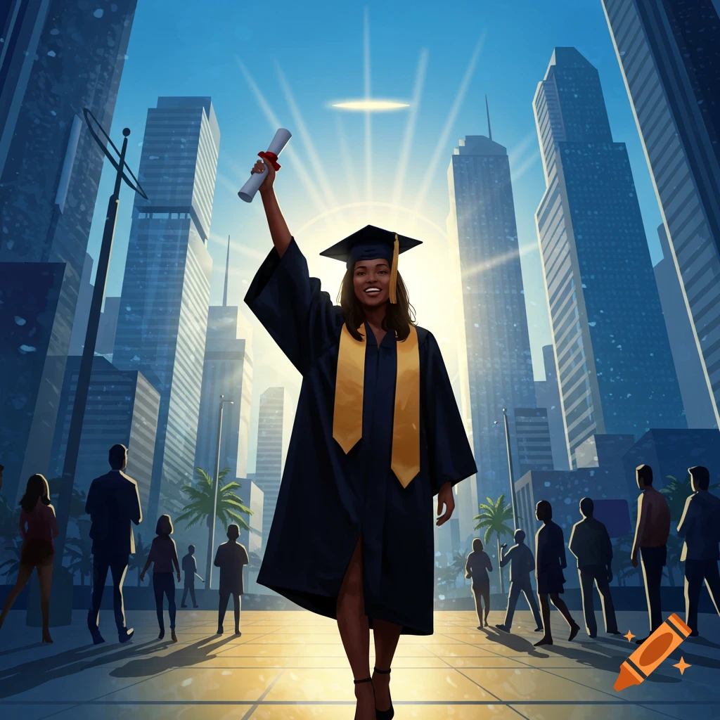 Female college graduate in cap and gown holding a diploma, smiling confidently in a sunny city street. Stylized illustration.