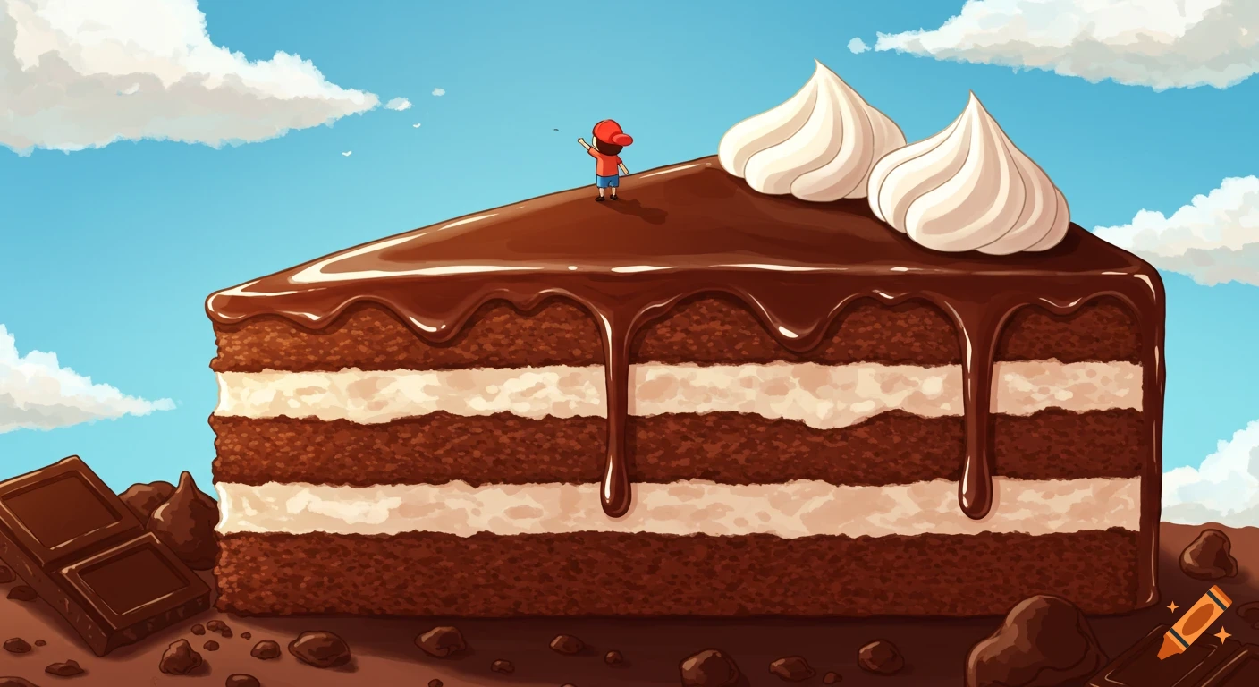 Cartoon of a tiny child on a mountain-sized chocolate cake with whipped cream, under a blue sky with clouds.