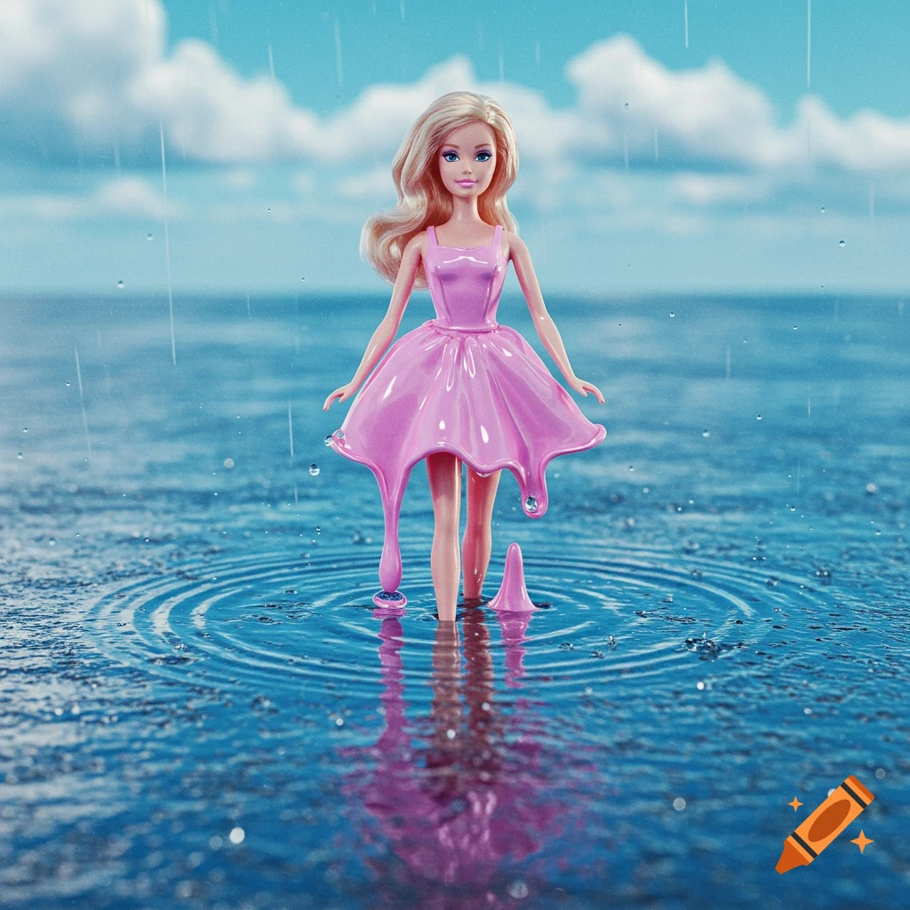 A blonde Barbie doll in a pink melting dress stands in a blue puddle under a cloudy sky with raindrops and ripples.