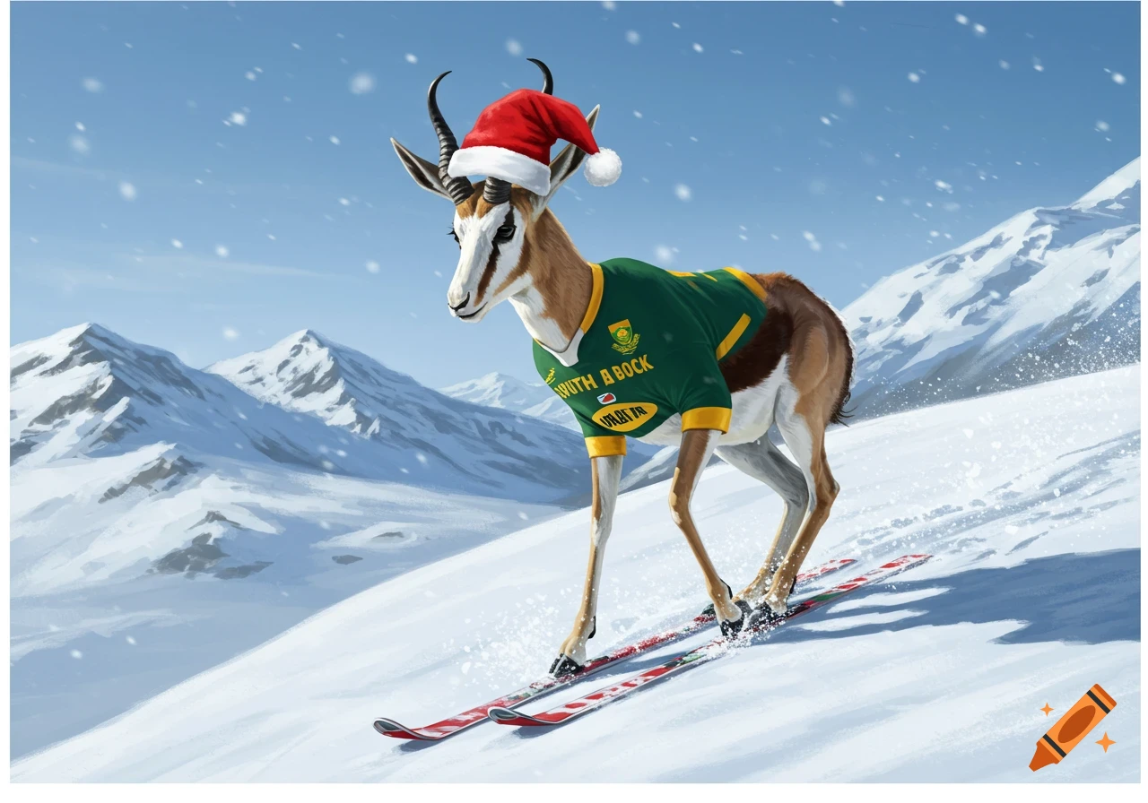 A springbok wearing a green rugby jersey and a Santa hat, skiing down a snowy mountain slope.